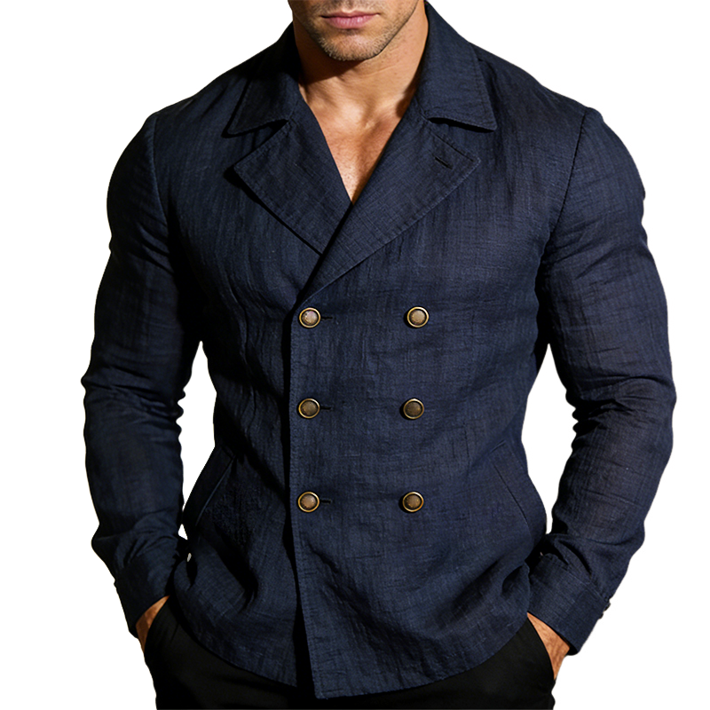 Men's Retro Casual Cotton Linen Double-Breasted Lapel Jacket MTA1921L6TO