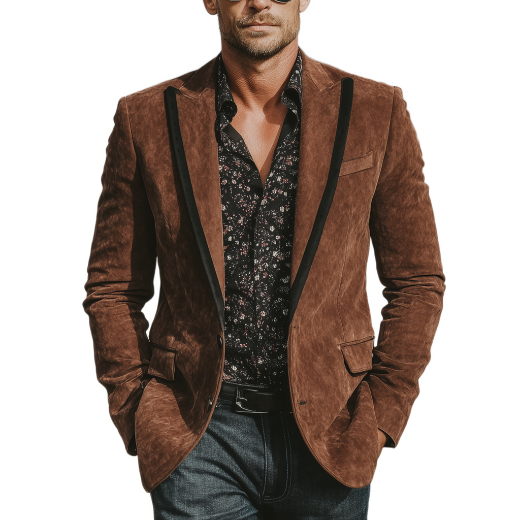 Men's Classic Vintage Western-style Contrasting Velvet Collar Single-breasted Faux Suede Blazer MTA2292L0K