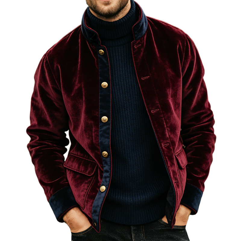 Men's Retro Casual Velvet Color Block Stand Collar Button Jacket MTA1784L6TO
