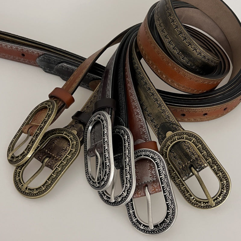 Men's Vintage Distressed Engraved Embossed Genuine Leather Belt 44748904U