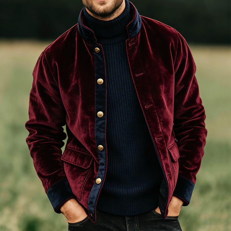 Men's Retro Casual Velvet Color Block Stand Collar Button Jacket MTA1784L6TO