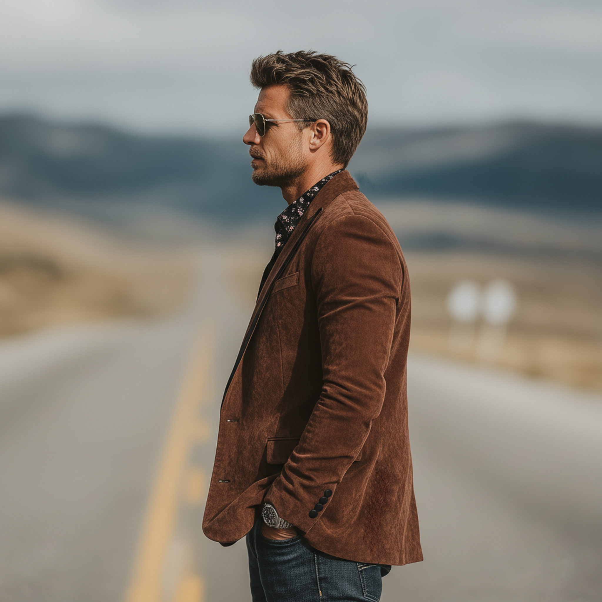 Men's Classic Vintage Western-style Contrasting Velvet Collar Single-breasted Faux Suede Blazer MTA2292L0K