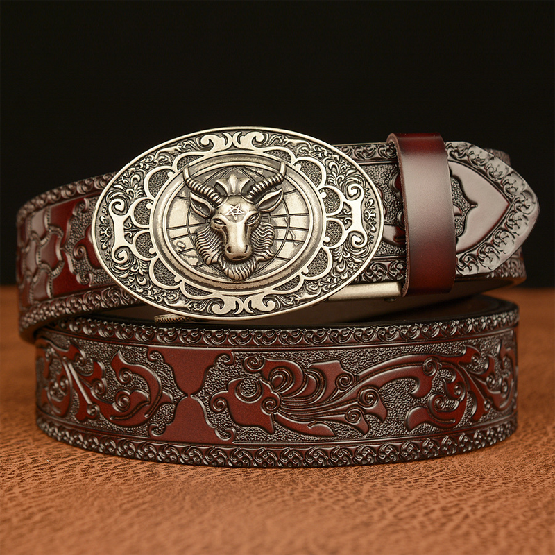 Men's Vintage Cowhide Personalized Carved Automatic Buckle Belt MTA0967F5U