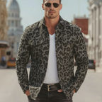 Men's Classic Vintage Tough-guy Style Denim Jacquard Leopard Print Long-sleeved Shirt MTA2667L8K