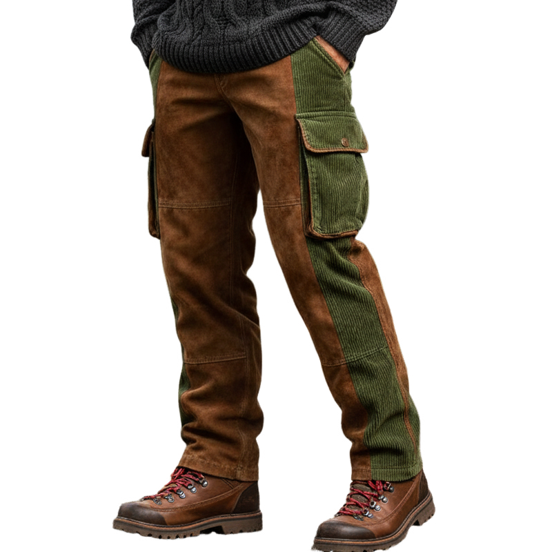 Men's Retro Suede And Corduroy Color-blocked Straight-leg Trousers  MTA1034K6U