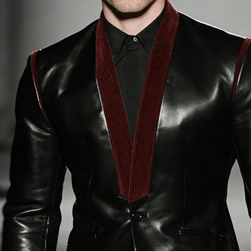 Men's Retro Casual Corduroy Patchwork PU Collarless Blazer MTA1938L2TO