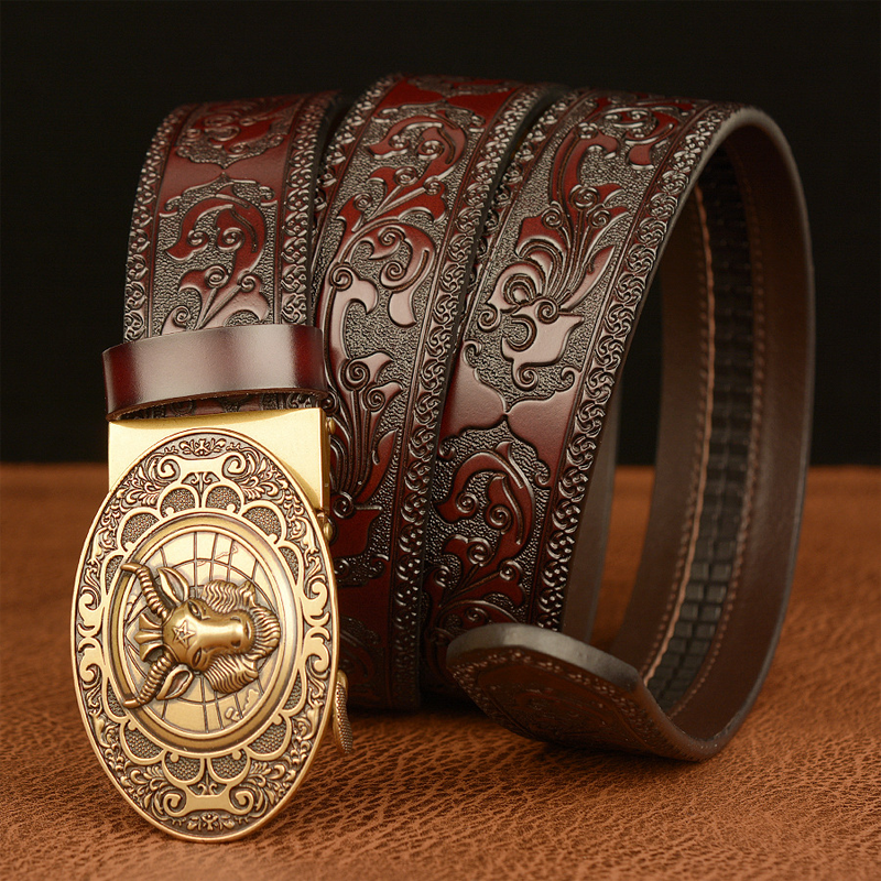 Men's Vintage Cowhide Personalized Carved Automatic Buckle Belt MTA0967F5U