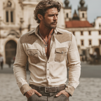 Men's Classic Western-style Cotton And Faux Suede Patchwork Long-sleeved Shirt MTA2543L0U