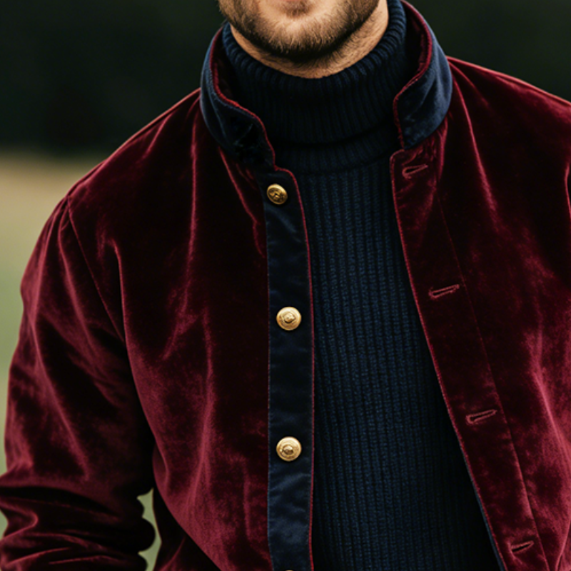 Men's Retro Casual Velvet Color Block Stand Collar Button Jacket MTA1784L6TO