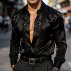Men's Retro Casual Satin Lace Patchwork Lapel Long-Sleeve Shirt MTA2301L4TO
