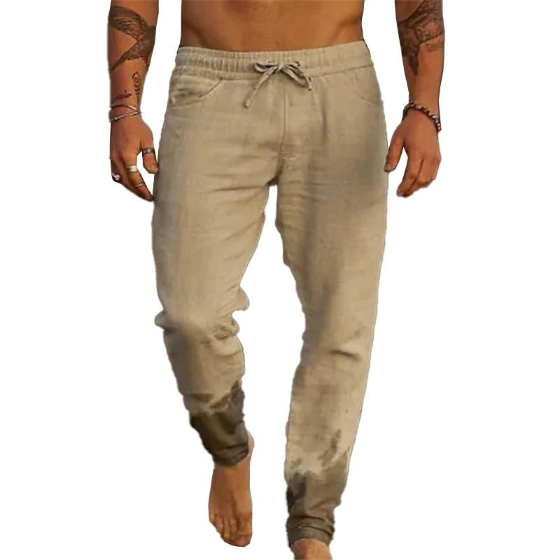 【24-hour shipping out】Men's Casual Solid Color Cotton Blend Drawstring Elastic Waist Loose Beach Pants 31939183M
