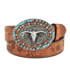 Men's Vintage Embossed Western Cowhide Leather Belt 83232677Y